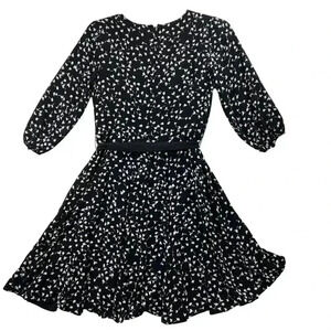 Talbots Black MIDI Dress SZ 8 Long Sleeve White Print Fit Flare Silhouette Flowy